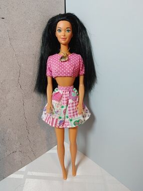 Mattel Vintage 1980 Barbie Doll in Pink Top & Patchwork Skirt, Long Black Hair